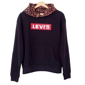 LEVI'S Black Sweatshirt Hoodie with Red Sequined Logo and Leopard Print XS